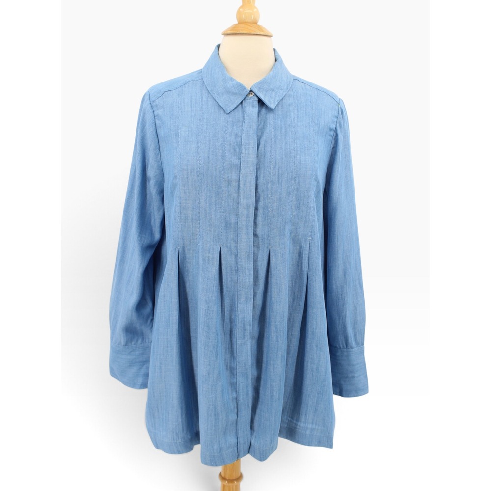 Soft Surroundings Reveille Tunic womens PL Blue Chambray Pleated L/S Button Up